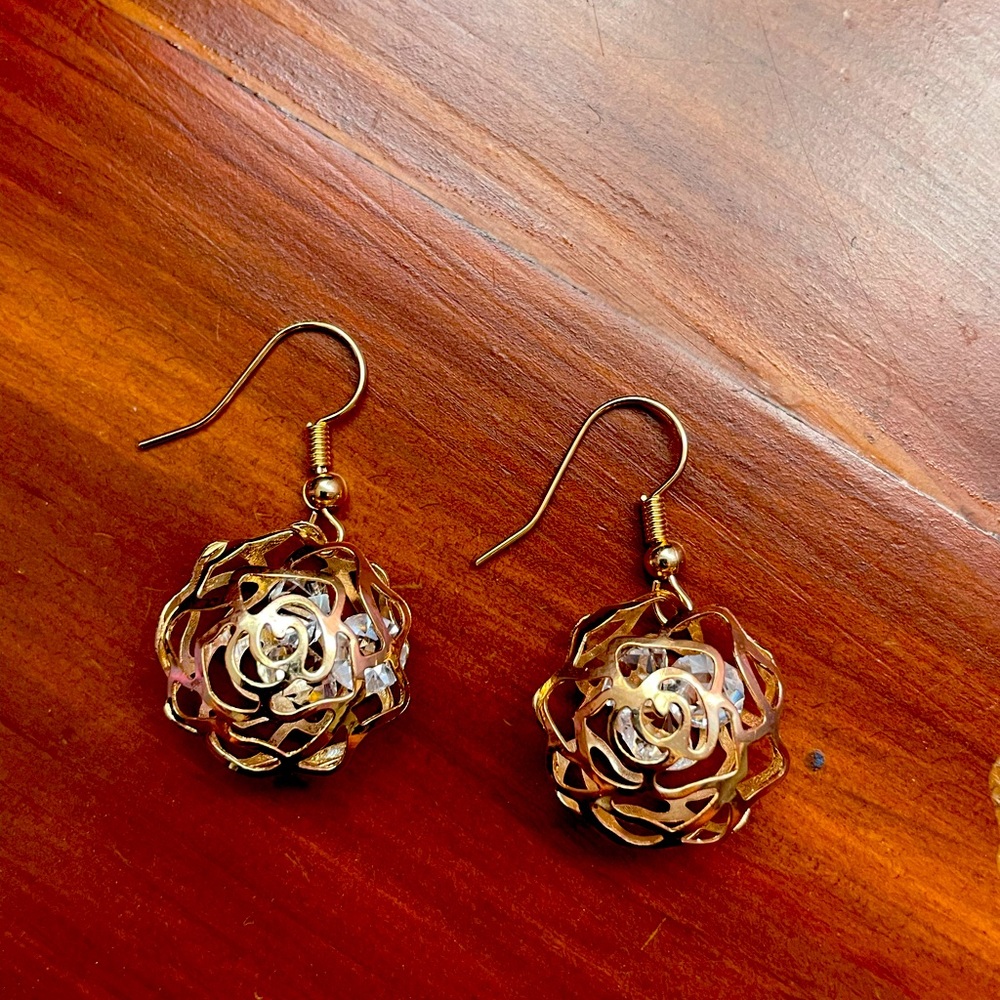 Gold Rose Earrings w/ jewels